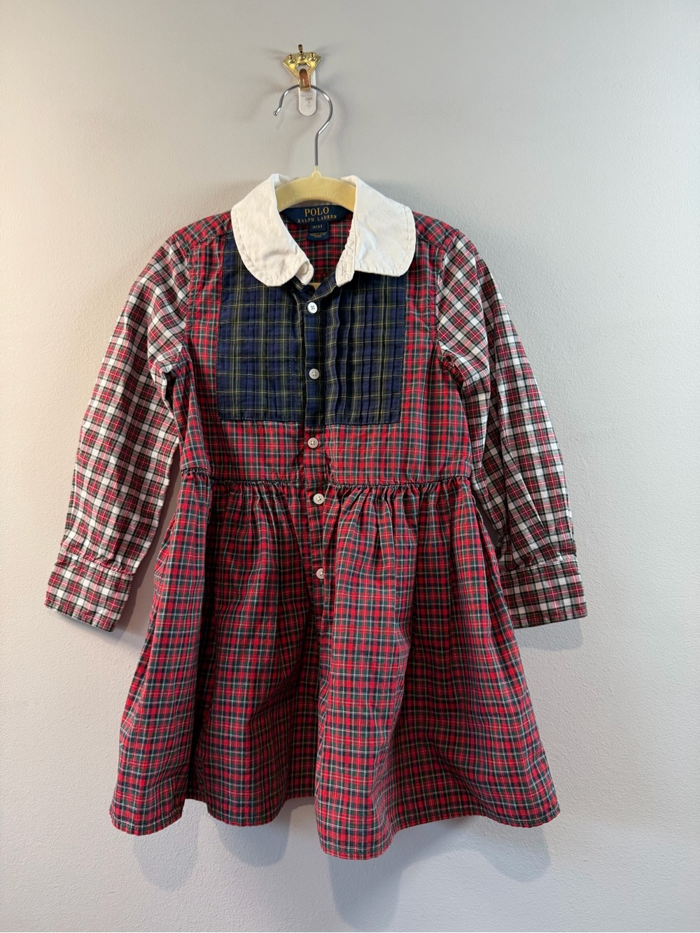 Polo by Ralph Lauren Red Plaid Cotton Dress with Navy Bib and White Collar 3T